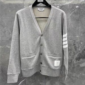 Thom Browne Light Gray Cardigan with White Stripes